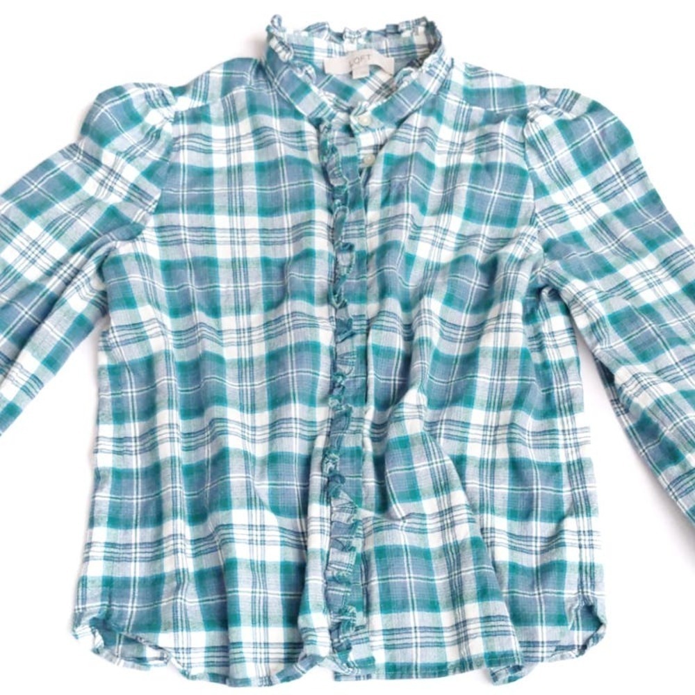 LOFT Size Small Dark Teal flannel feel Soft Plaid puff Sleeve Button Up Top